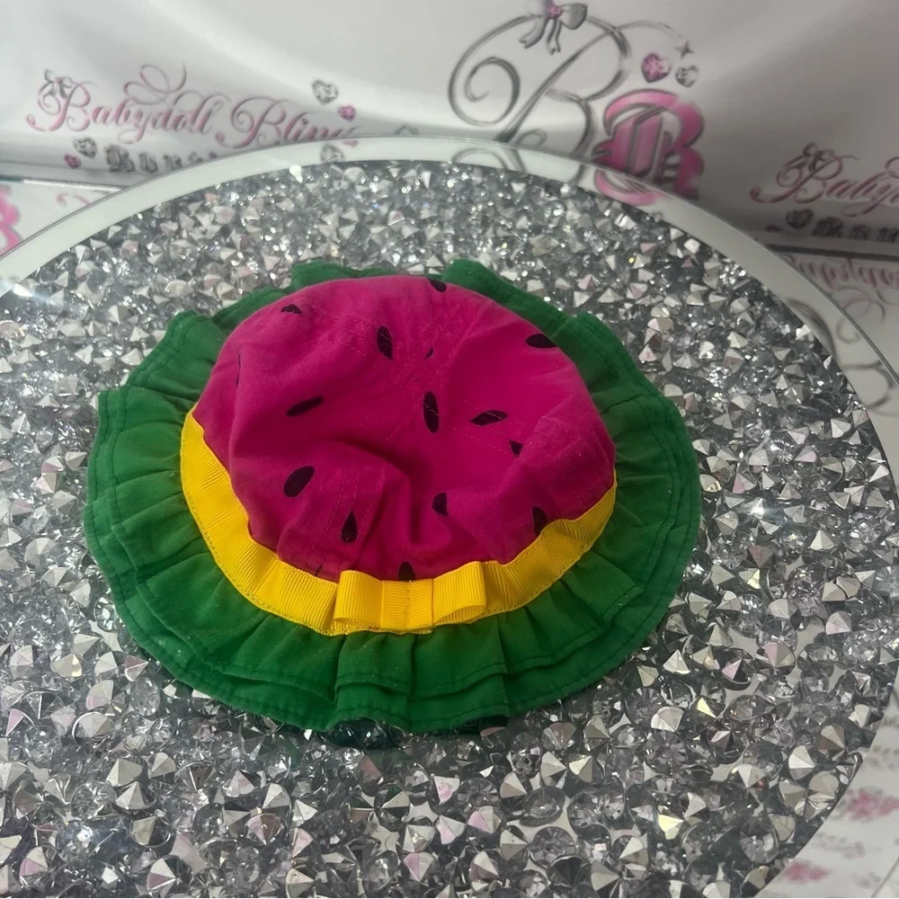 watermelon hat 🍉👒 baby 0-6 months pink black green yellow ribbon bow tie 🎀
